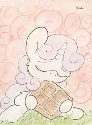 Size: 679x925 | Tagged: artist:slightlyshade, derpibooru import, eating, safe, solo, sweetie belle, traditional art, waffle