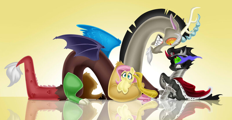 Size: 1280x663 | Tagged: artist:chicajamonxd, derpibooru import, discord, fluttershy, king sombra, now you fucked up, protecting, safe, you dun goofed