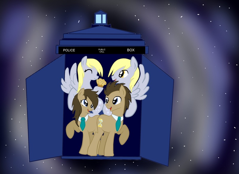 Size: 2338x1700 | Tagged: artist:1231redflame, derpibooru import, derpy hooves, doctor whooves, dopey hooves, professor whooves, rule 63, safe, self ponidox, tardis, time turner