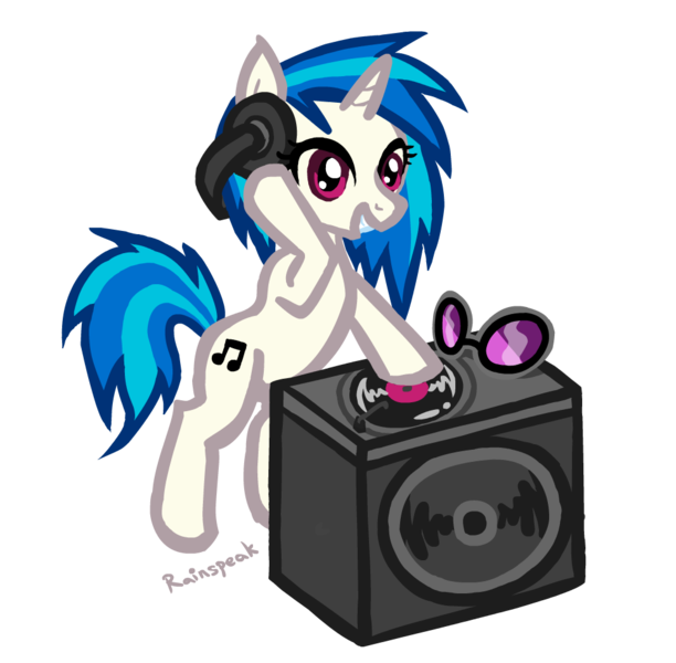 Size: 1002x982 | Tagged: artist:rainspeak, derpibooru import, glasses off, headphones, record, safe, solo, speakers, turntable, vinyl scratch