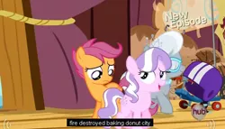 Size: 606x347 | Tagged: derpibooru import, diamond tiara, flight to the finish, helmet, hub logo, meme, safe, scootaloo, scooter, screencap, silver spoon, youtube caption