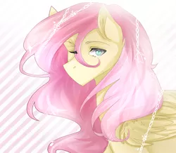 Size: 1926x1680 | Tagged: source needed, useless source url, safe, artist:cristate, derpibooru import, fluttershy, butterfly, pegasus, pony, alternate hairstyle, chains, female, mare, one eye closed, solo, striped background