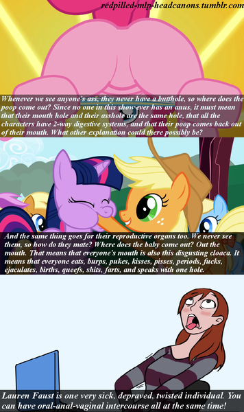 Size: 960x1620 | Tagged: questionable, derpibooru import, applejack, pinkie pie, twilight sparkle, earth pony, human, pony, unicorn, ahegao, blushing, featureless crotch, female, headcanon, insane troll logic, lauren faust, mare, masturbation, open mouth, organs, redpilled-mlp-headcanons, scrunchy face, text, tongue out, wat, wtf