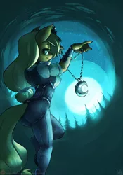 Size: 1050x1500 | Tagged: accessory swap, amulet, anthro, applejack, artist:atryl, bedroom eyes, breasts, clothes, corset, female, freckles, implied lunajack, implied shipping, lesbian, looking at you, looking back, moon, pendant, shipping, solo, solo female, suggestive, unguligrade anthro