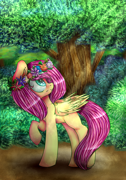 Size: 2222x3169 | Tagged: safe, artist:kilamuri, derpibooru import, fluttershy, floral head wreath, solo