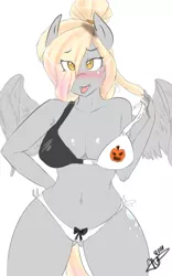 Size: 680x1090 | Tagged: suggestive, artist:mrscurlystyles, derpibooru import, derpy hooves, anthro, bra, breasts, busty derpy hooves, clothes, fangs, female, halloween, lingerie, panties, pumpkin, sexy, solo, solo female, stupid sexy derpy, tongue out, underwear