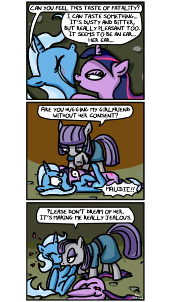 Size: 500x886 | Tagged: safe, artist:foudubulbe, derpibooru import, maud pie, trixie, twilight sparkle, pony, unicorn, comic:damp rocks, comic, curb stomp, dream, female, hallucination, kissing, lesbian, mare, mauxie, meme, shipping, twixie, waifu thief