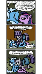 Size: 500x886 | Tagged: safe, artist:foudubulbe, derpibooru import, maud pie, trixie, twilight sparkle, pony, unicorn, comic:damp rocks, comic, curb stomp, dream, female, hallucination, kissing, lesbian, mare, mauxie, meme, shipping, twixie, waifu thief