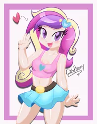 Size: 856x1091 | Tagged: artist:danmakuman, artist:thebrokencog, belly button, belt, blushing, cleavage, clothes, collarbone, cute, cutedance, cutie mark, female, hairclip, heart, human, humanized, looking at you, midriff, miniskirt, open mouth, peace sign, princess cadance, safe, skirt, smiling, solo, tanktop
