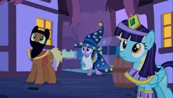 Size: 1366x768 | Tagged: safe, derpibooru import, screencap, meadow song, sassaflash, star swirl the bearded, twilight sparkle, earth pony, pegasus, pony, luna eclipsed, cleopatra, clothes, costume, female, hat, male, mare, nightmare night costume, ninja, stallion, star swirl the bearded costume, wig, wizard hat