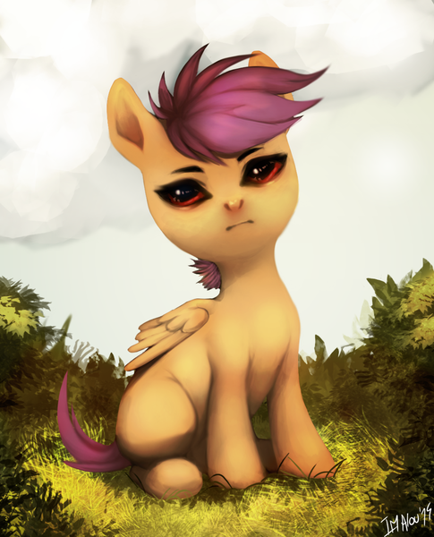 Size: 1000x1238 | Tagged: semi-grimdark, artist:imalou, derpibooru import, scootaloo, pegasus, pony, blank flank, demonic eyes, female, filly, red eyes, sitting, solo