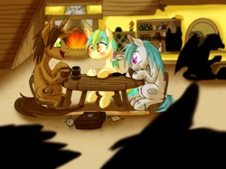 Size: 1024x767 | Tagged: safe, artist:hywther, derpibooru import, oc, unofficial characters only, pegasus, pony, unicorn, ponyfinder, dungeons and dragons, female, mace, male, mare, morning star, pathfinder, pen and paper rpg, rpg, saddle bag, stallion, tavern, weapon