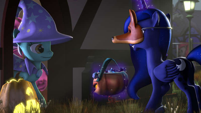 Size: 1920x1080 | Tagged: safe, artist:digiveemhf, derpibooru import, lyra heartstrings, pinkie pie, princess luna, trixie, pony, unicorn, 3d, female, glowing horn, magic, mare, mask, pumpkin bucket, source filmmaker, telekinesis, trick or treat