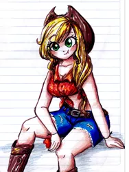 Size: 1500x2000 | Tagged: applejack, artist:cosmicponye, belly button, clothes, daisy dukes, front knot midriff, human, humanized, midriff, obligatory apple, safe, solo, traditional art