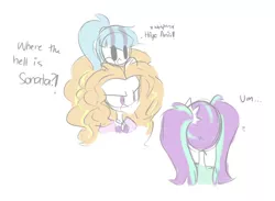 Size: 1254x918 | Tagged: safe, artist:jankrys00, derpibooru import, adagio dazzle, aria blaze, sonata dusk, equestria girls, dialogue, hammerspace, hammerspace hair