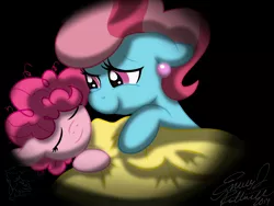 Size: 3200x2400 | Tagged: artist:emr0304, blanket, cup cake, cute, daaaaaaaaaaaw, diapinkes, eyes closed, fanfic, fanfic art, filly, floppy ears, how a pie became a cake, messy mane, pinkie pie, safe, sleeping, smiling, younger