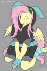 Size: 853x1280 | Tagged: adorasexy, anthro, artist:daxhie, breasts, bunny ears, busty fluttershy, clothes, cute, dangerous mission outfit, derpibooru import, female, fingerless gloves, fluttershy, gloves, goggles, hoodie, looking at you, one eye closed, pegasus, safe, sexy, smiling, socks, solo, spread wings, striped socks, wink
