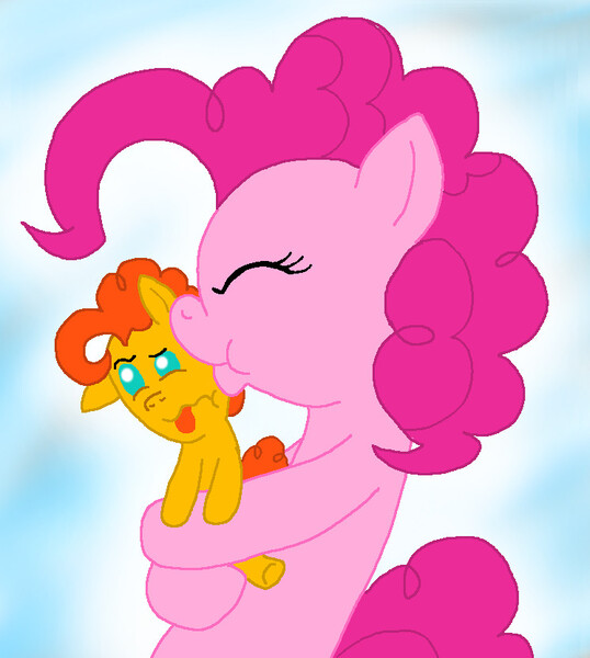 Size: 746x832 | Tagged: safe, artist:crazynutbob, derpibooru import, pinkie pie, oc, oc:pizza pockets, pony, baby, baby pony, colt, disgusted, foal, kiss on the cheek, kissing, male, offspring, parent:cheese sandwich, parent:pinkie pie, parents:cheesepie, tongue out