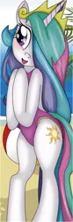 Size: 250x757 | Tagged: safe, artist:ratachu666, derpibooru import, princess celestia, pony, beach, bipedal, clothes, cute, cutelestia, one-piece swimsuit, open-back swimsuit, swimsuit