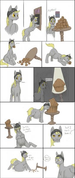 Size: 1488x3500 | Tagged: safe, artist:difetra, derpibooru import, derpy hooves, pegasus, pony, aderpose, belly, chubby, comic, eating, fat, female, hat, mare, muffin, stuffed, stuffing, that pony sure does love muffins, thief, weight gain, window, wingless