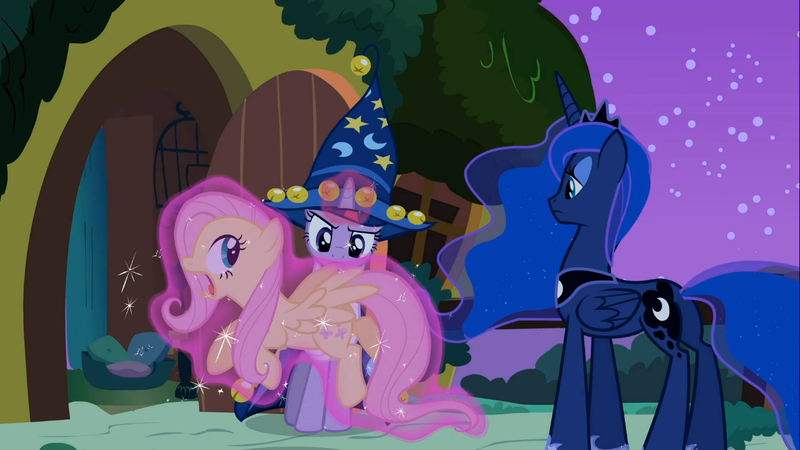 Size: 1366x768 | Tagged: aura, clothes, costume, derpibooru import, fluttershy, levitation, luna eclipsed, magic, nightmare night costume, princess luna, safe, screencap, telekinesis, twilight sparkle