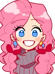 Size: 600x800 | Tagged: artist:kairean, beautiful, bow, bust, clothes, colored pupils, ear piercing, earring, eye clipping through hair, female, hair bow, human, humanized, jewelry, piercing, pinkie pie, portrait, safe, smiling, solo, sweater, turtleneck