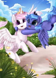 Size: 2550x3509 | Tagged: safe, artist:pridark, derpibooru import, princess celestia, princess luna, alicorn, pony, cewestia, cheek squish, cute, cutelestia, female, filly, flower, glomp, hug, looking at you, lunabetes, open mouth, pridark is trying to murder us, sisters, woona