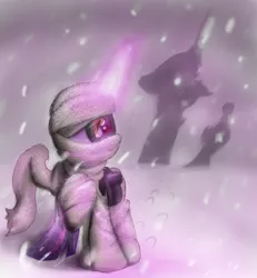 Size: 1024x1110 | Tagged: apocalypse, artist:manfartwish, canterlot, clothes, derpibooru import, goggles, magic, mlpgdraws, safe, scarf, snow, snowfall, solo, twilight sparkle