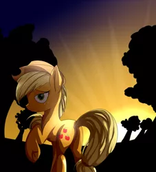 Size: 1090x1203 | Tagged: applejack, artist:mercurycraft7, looking back, plot, raised hoof, safe, smiling, solo, sunset