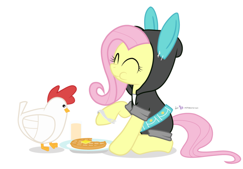 Size: 1080x750 | Tagged: safe, artist:dm29, derpibooru import, fluttershy, chicken, pegasus, pony, breakfast, bunny ears, chicken and waffles, clothes, costume, cute, dangerous mission outfit, duo, eyes closed, female, hoodie, juice, mare, simple background, sitting, smiling, transparent background, waffle