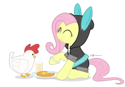 Size: 1080x750 | Tagged: safe, artist:dm29, derpibooru import, fluttershy, chicken, pegasus, pony, breakfast, bunny ears, chicken and waffles, clothes, costume, cute, dangerous mission outfit, duo, eyes closed, female, hoodie, juice, mare, simple background, sitting, smiling, transparent background, waffle