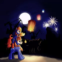 Size: 2500x2500 | Tagged: safe, artist:ruhisu, derpibooru import, oc, oc:prince baltic, oc:princess pomerania, unofficial characters only, pony, anniversary, bipedal, bipedal leaning, clothes, crane, crowd, fire, fireworks, lantern, leaning, moon, night, paper lantern, scarf, siblings, smiling, socks