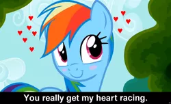 Size: 1600x973 | Tagged: safe, derpibooru import, rainbow dash, pegasus, pony, blushing, bronybait, caption, cs captions, female, heart, looking at you, love, mare, smiling, solo