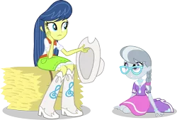 Size: 1541x1039 | Tagged: safe, artist:punzil504, derpibooru import, fiddlesticks, silver spoon, equestria girls, apple family member, boots, clothes, cowboy boots, cowboy hat, cute, equestria girls-ified, glasses, hat, hay, hay bale, high heel boots, humanized, simple background, skirt, smiling, transparent background, vector