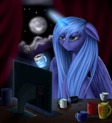 Size: 854x935 | Tagged: dead source, safe, artist:f13proxima, derpibooru import, princess luna, coffee, computer, floppy ears, russian, sleepy, solo, star of david