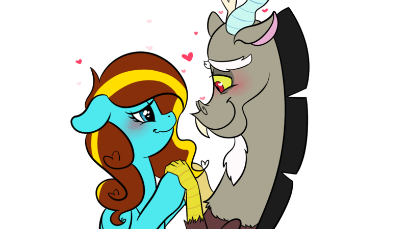 Size: 1280x720 | Tagged: safe, artist:lexieskye, derpibooru import, discord, oc, oc:ilovekimpossiblealot, blushing, canon x oc, that pony sure does love discord