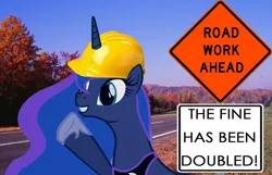 Size: 1268x816 | Tagged: artist:10art1, construction, derpibooru import, edit, hard hat, hat, irl, photo, ponies in real life, princess luna, road work, safe, solo