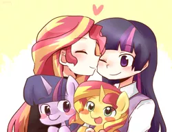 Size: 1100x850 | Tagged: safe, artist:gyaheung, derpibooru import, sunset shimmer, twilight sparkle, twilight sparkle (alicorn), human, pony, blushing, cute, diabetes, eyes closed, female, holding a pony, human ponidox, humanized, lesbian, open mouth, shimmerbetes, shipping, sunsetsparkle, twiabetes