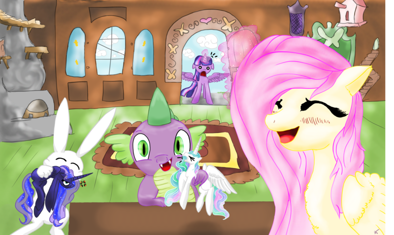 Size: 4254x2534 | Tagged: safe, artist:kot6, derpibooru import, angel bunny, fluttershy, princess celestia, princess luna, spike, twilight sparkle, twilight sparkle (alicorn), alicorn, pony, female, mare, micro, shrunklestia, tiny ponies