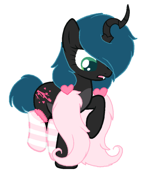 Size: 700x820 | Tagged: dead source, safe, artist:afropuppy, derpibooru import, oc, oc:bella boo, unofficial characters only, hybrid, clothes, interspecies offspring, magical lesbian spawn, offspring, parent:oc:fluffle puff, parent:queen chrysalis, parents:canon x oc, parents:chrysipuff, socks, solo, striped socks