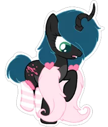 Size: 700x820 | Tagged: dead source, safe, artist:afropuppy, derpibooru import, oc, oc:bella boo, unofficial characters only, hybrid, clothes, interspecies offspring, magical lesbian spawn, offspring, parent:oc:fluffle puff, parent:queen chrysalis, parents:canon x oc, parents:chrysipuff, socks, solo, striped socks