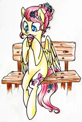 Size: 1616x2376 | Tagged: alternate hairstyle, artist:bibmob, bench, derpibooru import, fluttershy, ice cream, safe, sitting, solo