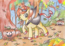 Size: 1355x955 | Tagged: safe, artist:miyukikyki, derpibooru import, carrot top, golden harvest, earth pony, pony, autumn, carrot, clothes, colored pencil drawing, costume, cute, cutie top, devil horns, jack-o-lantern, leaves, mouth hold, nightmare night, one eye closed, pumpkin, raised hoof, smiling, traditional art, wink