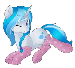 Size: 1280x1152 | Tagged: safe, artist:rue-willings, derpibooru import, oc, oc:bubble lee, oc:imago, unofficial characters only, pony, unicorn, clothes, socks, solo, wink