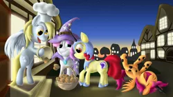 Size: 3000x1688 | Tagged: safe, artist:dcencia, derpibooru import, apple bloom, derpy hooves, scootaloo, sweetie belle, pony, bipedal, clothes, costume, cutie mark crusaders, hat, laughing, muffin, nightmare night