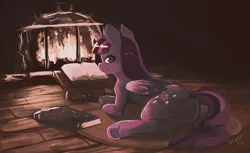 Size: 1280x781 | Tagged: suggestive, artist:dozer, derpibooru import, twilight sparkle, twilight sparkle (alicorn), alicorn, pony, book, featureless crotch, female, fire, fireplace, heart eyes, implied vulva, indoors, lectern, looking at you, looking back, lying down, mare, plot, rug, smiling, solo, sultry pose, underhoof, wingding eyes, wooden floor