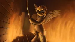 Size: 1920x1080 | Tagged: safe, artist:lurarin, derpibooru import, derpy hooves, pony, bipedal, derp, epic derpy, fire, katana, looking at you, serious face, solo, spread wings, sword, wallpaper, weapon