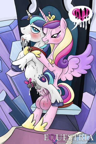 Size: 1500x2247 | Tagged: explicit, artist:smudge proof, derpibooru import, princess cadance, shining armor, alicorn, pony, unicorn, abdominal bulge, all the way through, anal, balls, blushing, cock bow, commission, cum, cum inflation, cum through, domdance, exclamation point, e♀uestria, futa, futa bigger than male, futa on male, futa princess cadance, futadom, good clean married sex, heart, image, impossibly large balls, impossibly large penis, inflation, intersex, male, nudity, penetration, penis, penis apparel, pictogram, png, shiningcadance, shiningsub, shipping, sissy, size difference, small penis, sweat