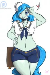 Size: 630x950 | Tagged: anthro, artist:arnachy, belly button, blushing, clothes, derpibooru import, looking at you, midriff, oc, oc:iselia, patreon, patreon logo, sailor, sailor uniform, salute, solo, suggestive, unofficial characters only, wink