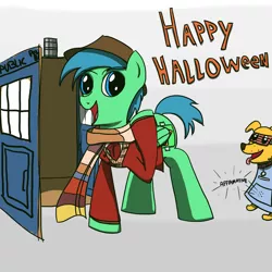 Size: 1100x1100 | Tagged: artist:varemia, clothes, costume, derpibooru import, doctor who, dog, fourth doctor, halloween, hat, k-9, oc, open mouth, safe, scarf, tardis, unofficial characters only